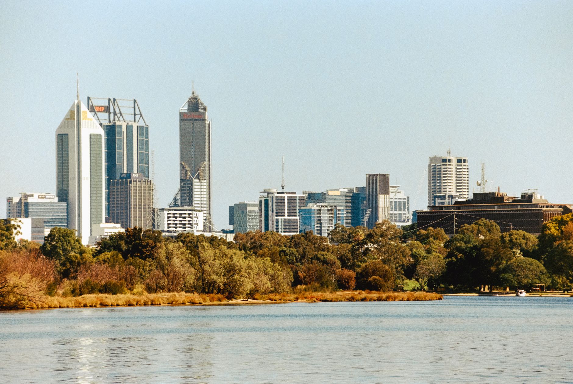 Perth city skyline across the Swan River